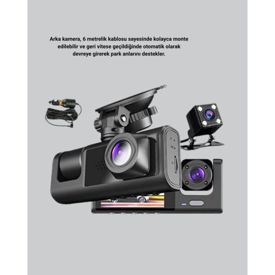 Üç Kameralı Araç DVR Full HD Gece Görüşlü ve 2 inç IPS Ekranlı