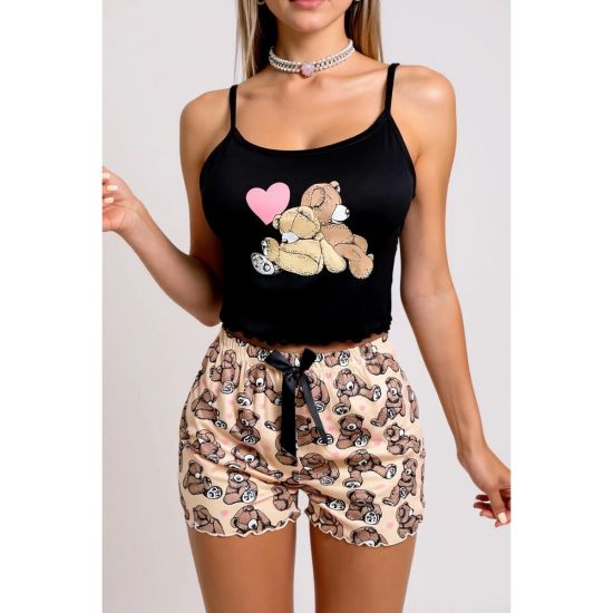 Renkli Kedi Desenli Askılı Şortlu Kadın Pijama Takımı