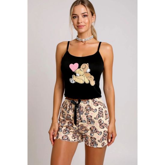 Renkli Kedi Desenli Askılı Şortlu Kadın Pijama Takımı