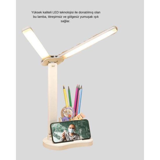 Kısılabilir LED Masa Lambası – Kalemlik ve Telefon Standlı Göz Yormaya
