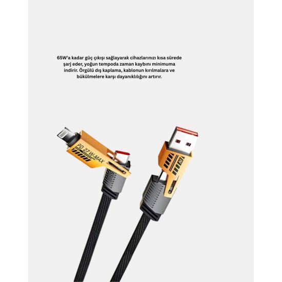 65W 4’ü 1 Arada Örgülü Hızlı Şarj Kablosu USB-C USB-A Çoklu Şarj Dayan