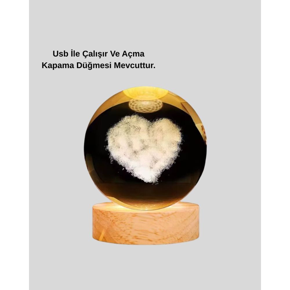 Romantik Kalpli Kristal Cam Küre USB’li Işıklı Dekoratif Obje