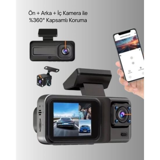 Ön Arka ve İç Kamera DashCam 360° Kapsamlı Full HD Araç Güvenlik Siste