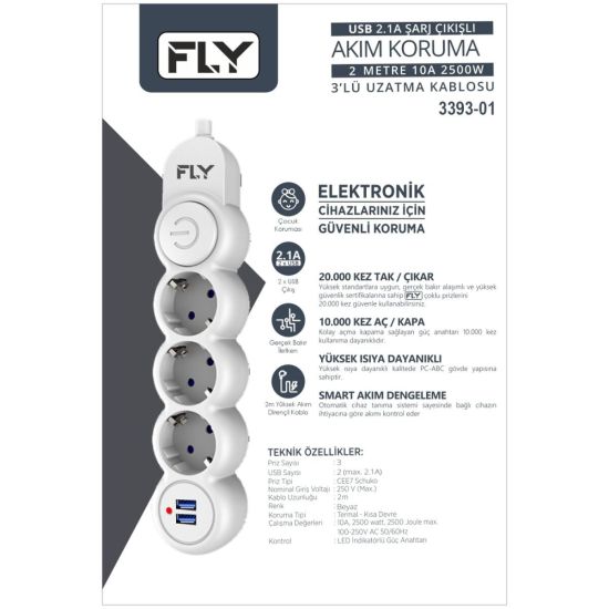 FLY 3393-01 3 Soket 2 USB Akım Korumalı Priz 2.1A Anahtarlı 2Mt Kablo 