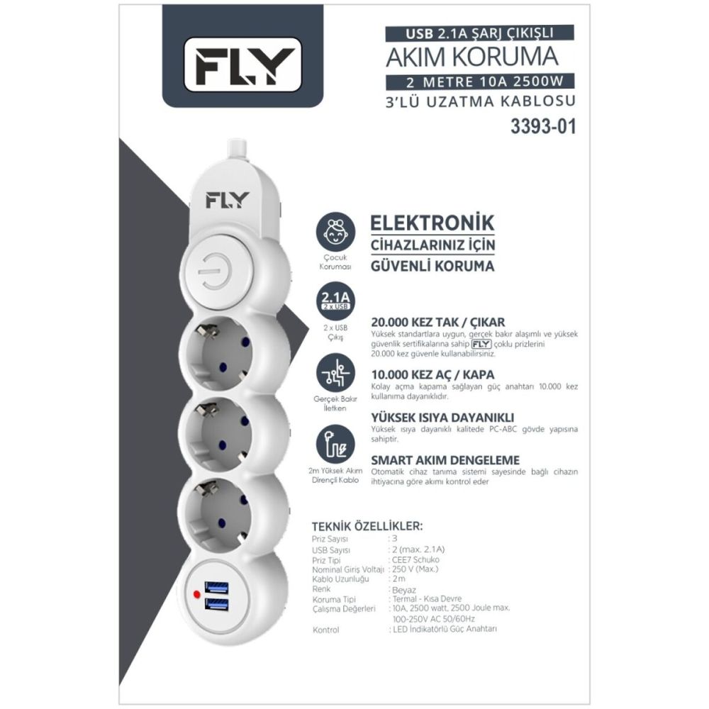 FLY 3393-01 3 Soket 2 USB Akım Korumalı Priz 2.1A Anahtarlı 2Mt Kablo 