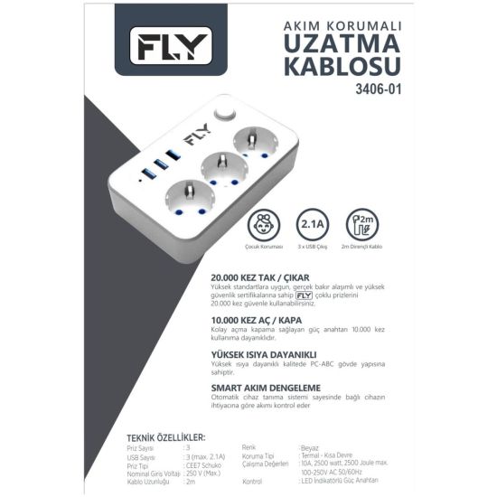 FLY 3406-01 3 Soket 3 USB Akım Korumalı Priz 2.1A Anahtarlı 2Mt Kablo 
