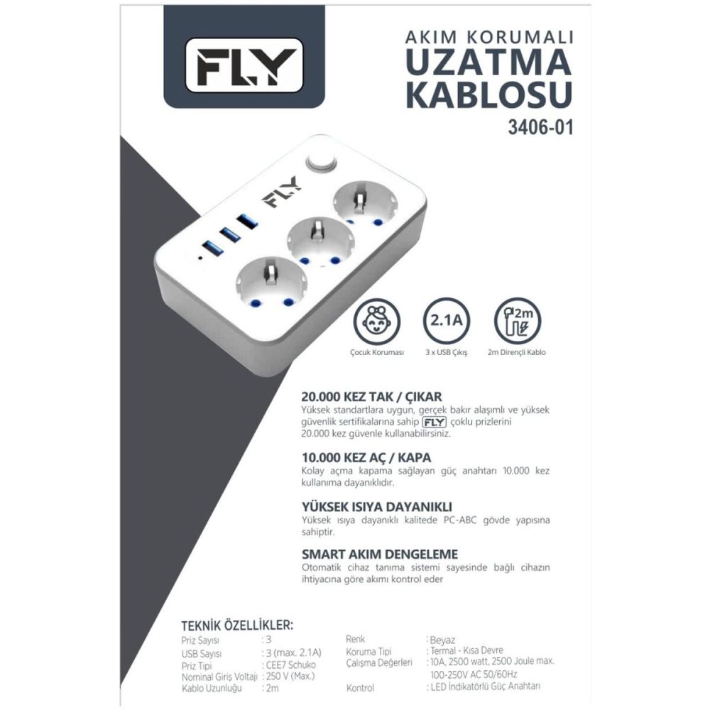 FLY 3406-01 3 Soket 3 USB Akım Korumalı Priz 2.1A Anahtarlı 2Mt Kablo 