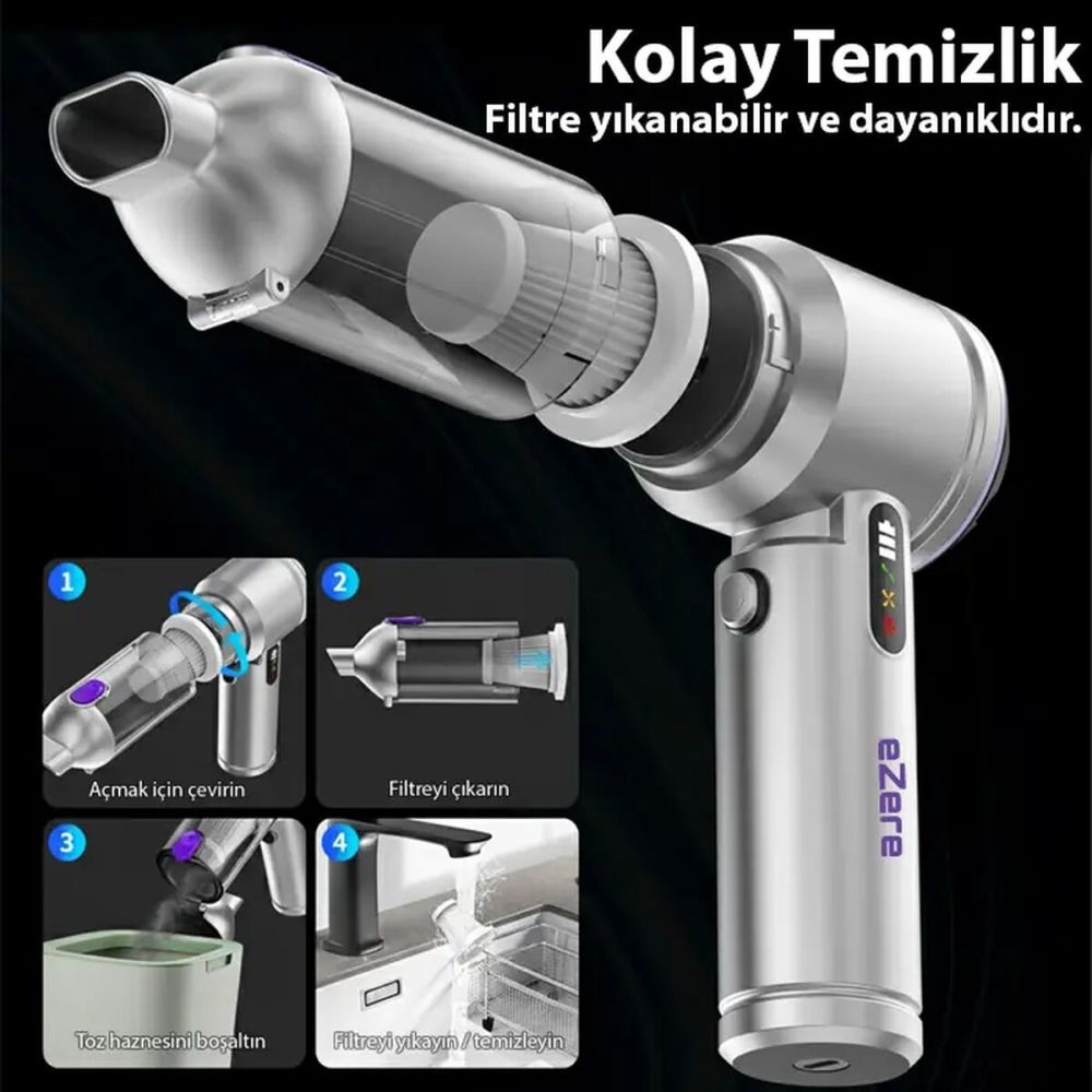 EZERE Vacpro 20000pa Güçlü Dijital Göstergeli Vakumlu Kablosuz Üflemel
