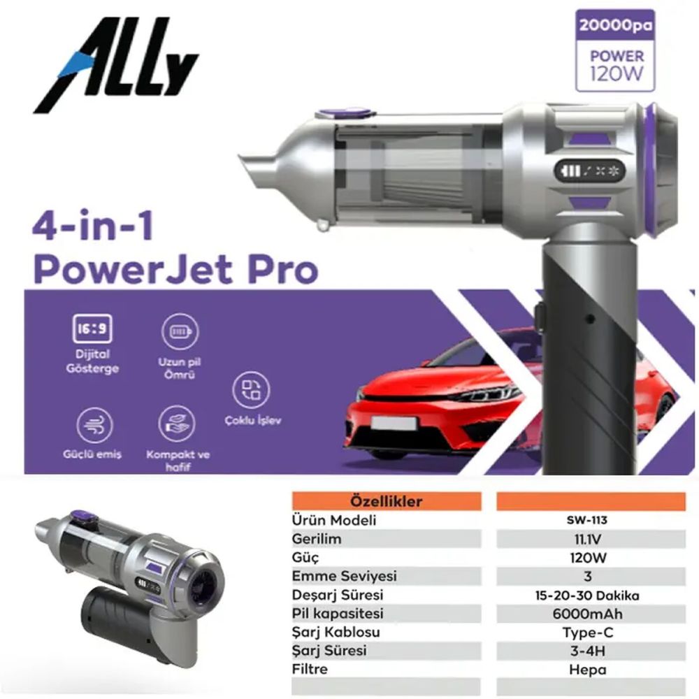 ALLY Powerjet Pro 20000pa Güçlü Portatif 3 Kademeli Tasinabilir Vakuml