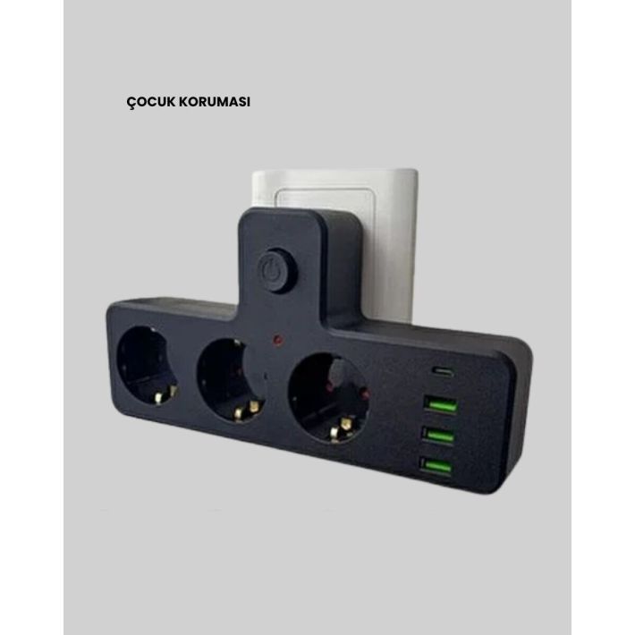 Anahtarlı Çoklu Priz 3 USB 1 Type-C Hızlı Şarj Destekli