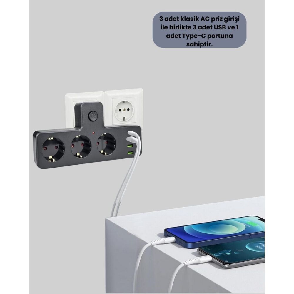 Anahtarlı Çoklu Priz 3 USB 1 Type-C Hızlı Şarj Destekli