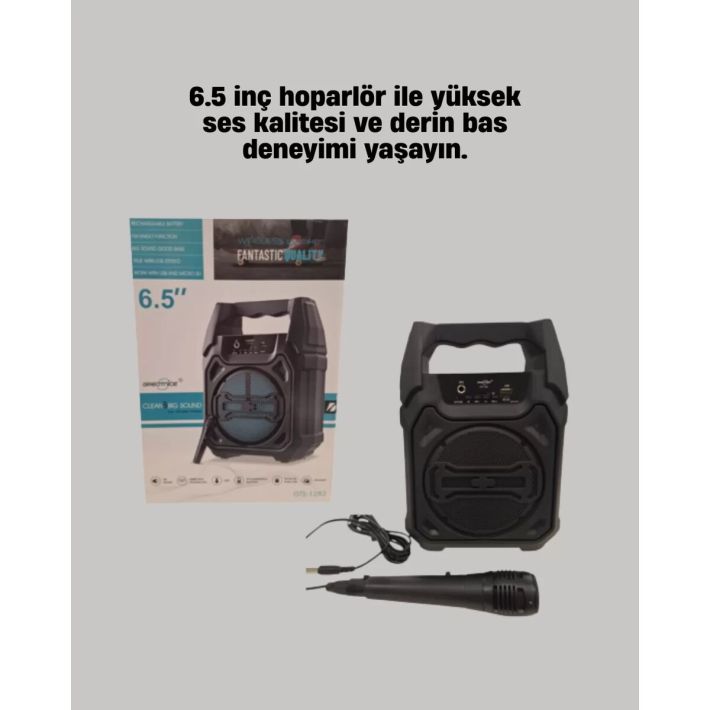 Taşınabilir 6.5” Bluetooth Hoparlör USB TF Kart Mikrofonlu Şarjlı Sist