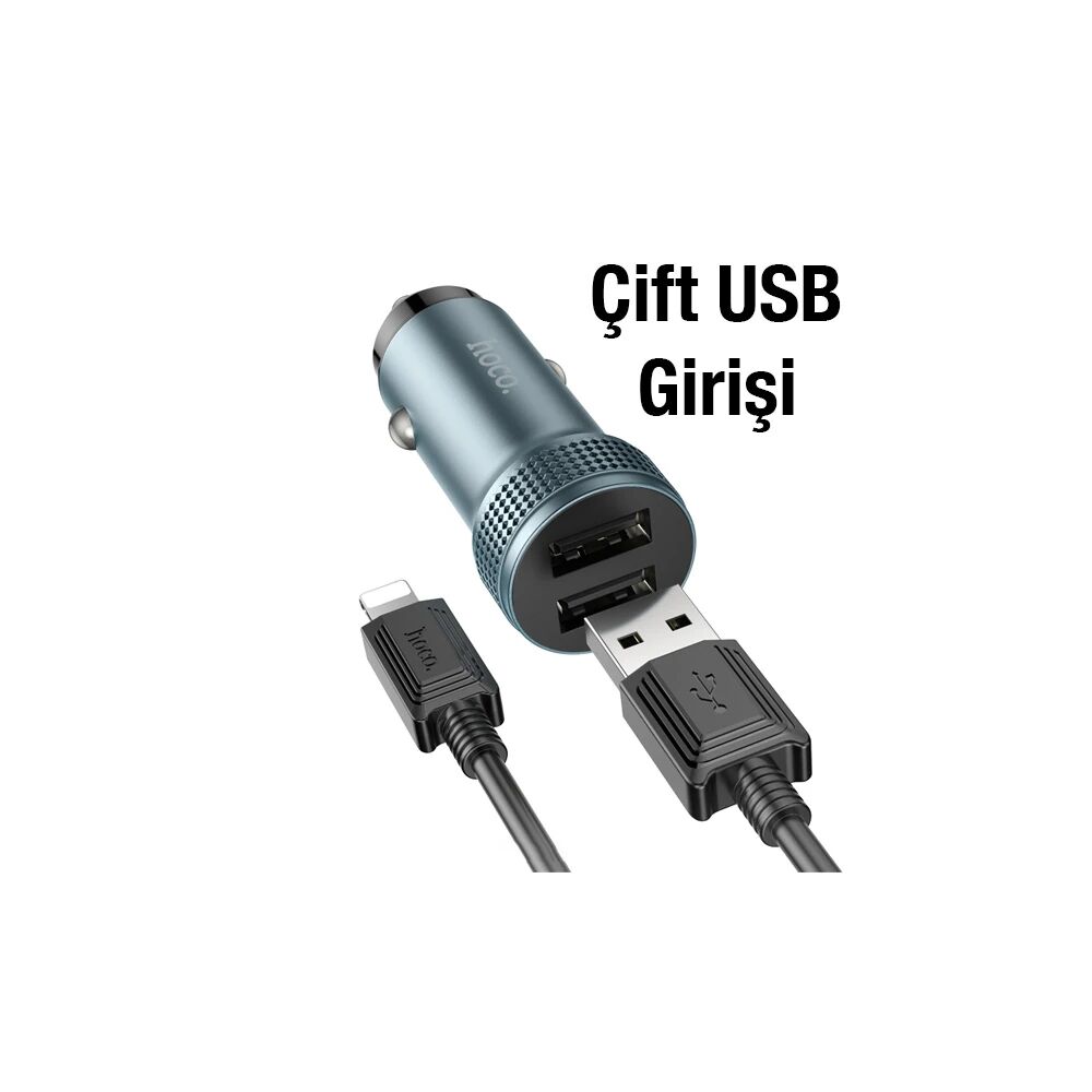 HOCO Z49 Çift USB Girişli Araç Şarj Başlık + USB To iPhone Lightning K