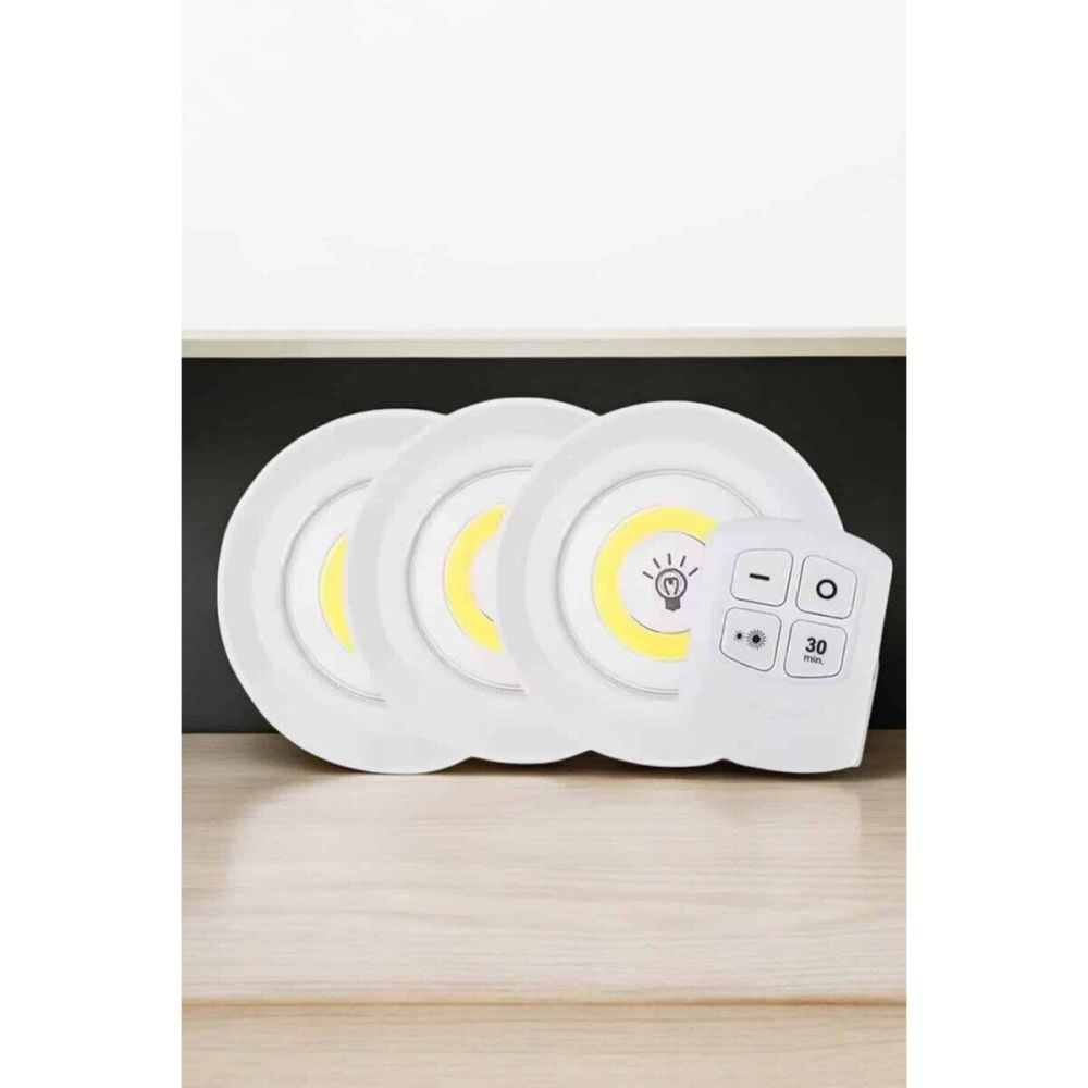 Spot Lamba Led Işık 3'lü Uzaktan Kumandalı Pilli Yapışkanlı Kablosuz