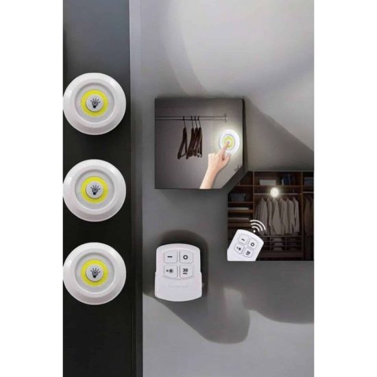 Spot Lamba Led Işık 3'lü Uzaktan Kumandalı Pilli Yapışkanlı Kablosuz