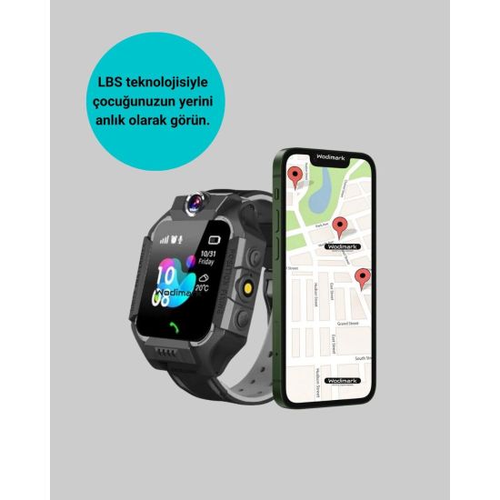 S10 Akıllı Çocuk Saati Siyah Model Çift Yönlü Konuşma ve SOS