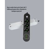 2 Metre Kablolu 3 USB Portlu Anahtarlı Üçlü Priz