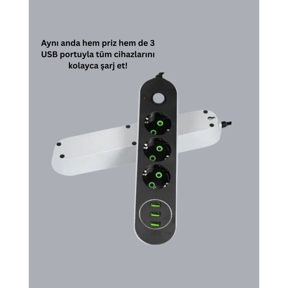 USB Yuvalı Anahtarlı Üçlü Priz 2 Metre Kablolu