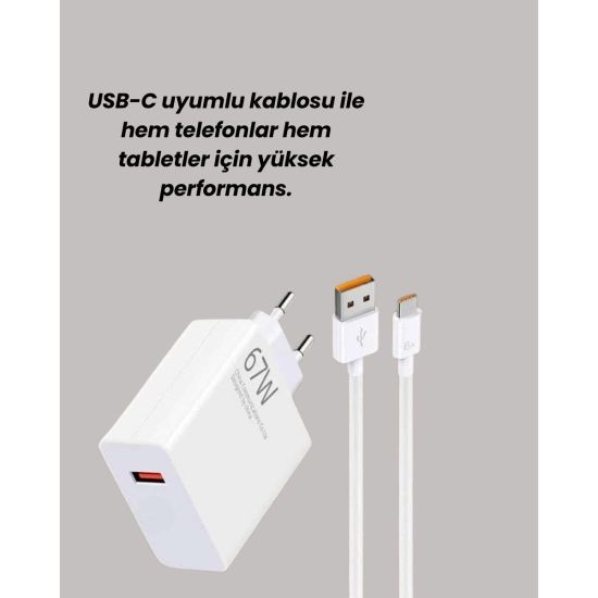 67W Turbo Hızlı Şarj Adaptörü ve Type-C Kablo Güvenli Şarj Teknolojisi