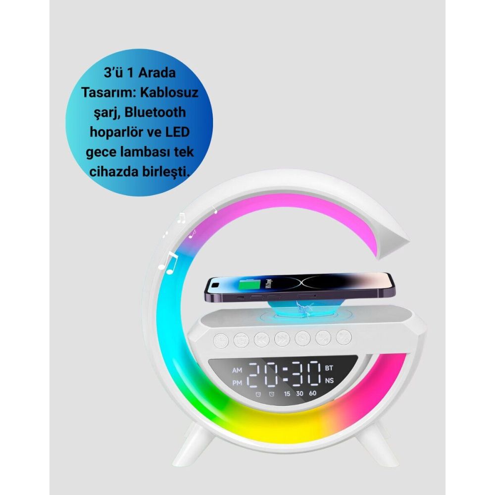 Kablosuz Şarjlı LED Masa Lambası Çalar Saat ve Beyaz Gürültü Özellikli