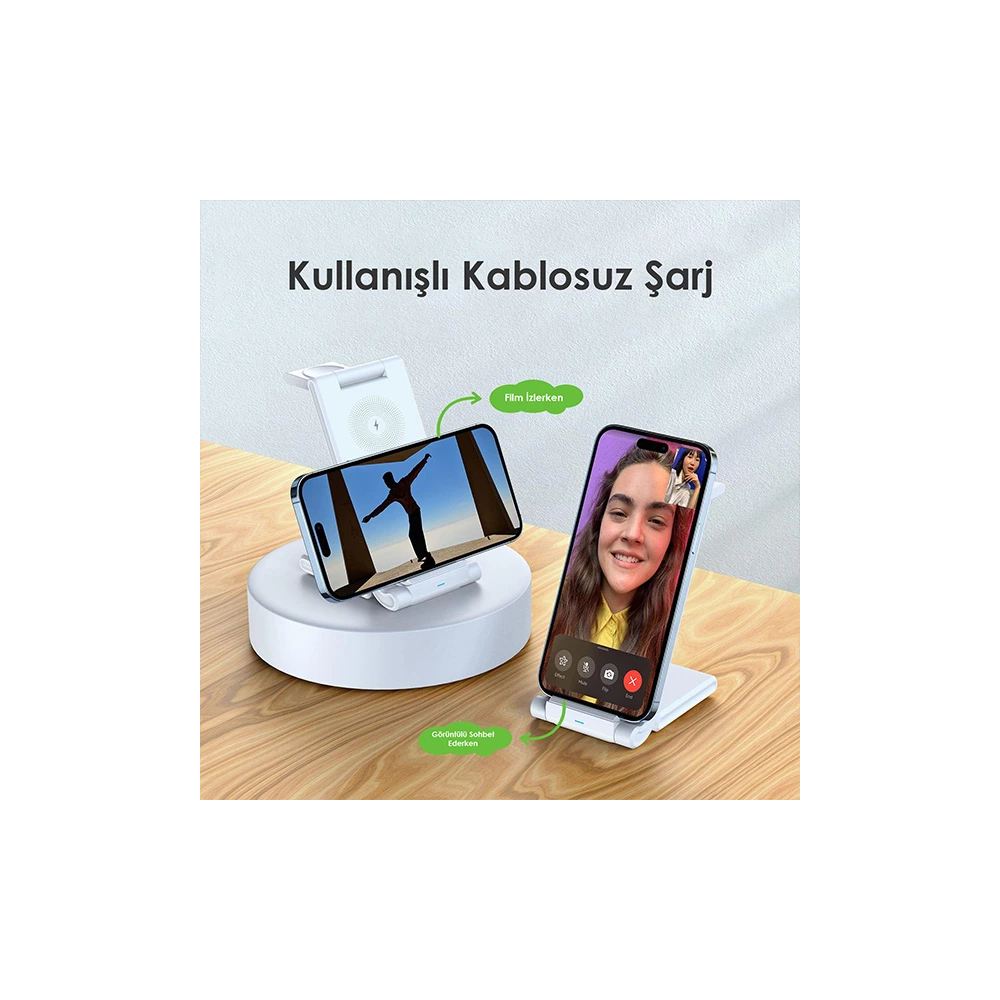 Duzzona 15W Katlanır 3 in 1 Telefon Kulaklık Saat Kablosuz Şarj Standı
