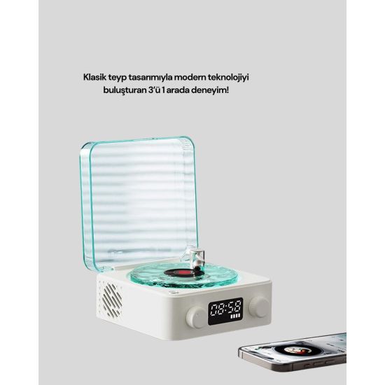 Retro Tasarımlı Gece Lambalı Bluetooth Hoparlör – Saat ve Pil Gösterge