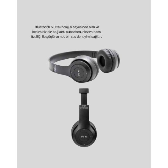Bluetooth 5.0 Kablosuz Kulaklık – Extra Bass TF Kart Desteği 3.5mm AUX