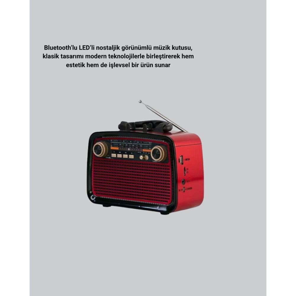 LED’li Nostaljik Bluetooth Hoparlör – Vintage Tasarım Ahşap Doku