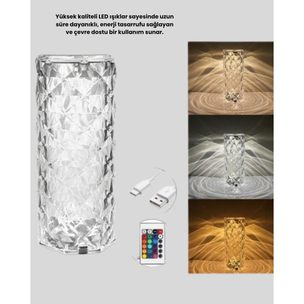 Kristal Tasarımlı RGB LED Gece Lambası – Kumandalı Renk Değiştiren Dek
