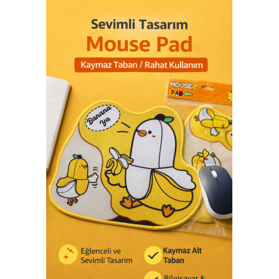 Sevimli Muz Desenli Mouse Pad Kaymaz Tabanlı Ergonomik Mouse Altlığı