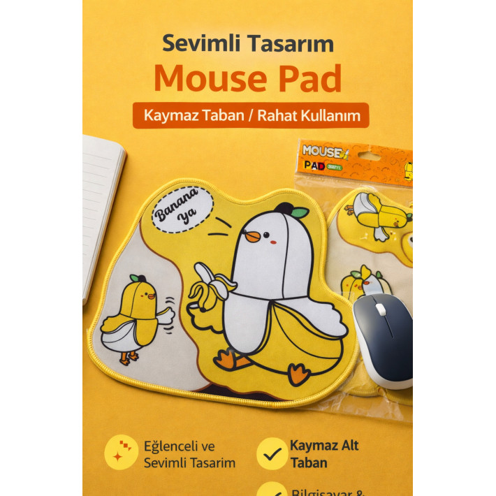 Sevimli Muz Desenli Mouse Pad Kaymaz Tabanlı Ergonomik Mouse Altlığı