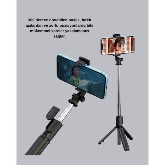 Bluetooth Selfie Çubuğu – 360° Dönebilen Başlık Kablosuz Bağlantı