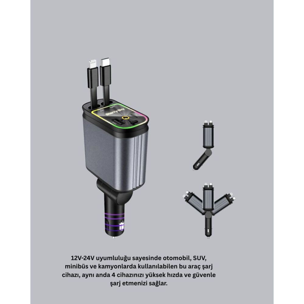 Araç Şarj Cihazı 66W 4 Portlu Hızlı Şarj ve LED Işıklı