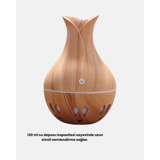 Ahşap Desenli Aromaterapi Difüzör 130 ml Ultrasonik ve 7 Renk LED Işık