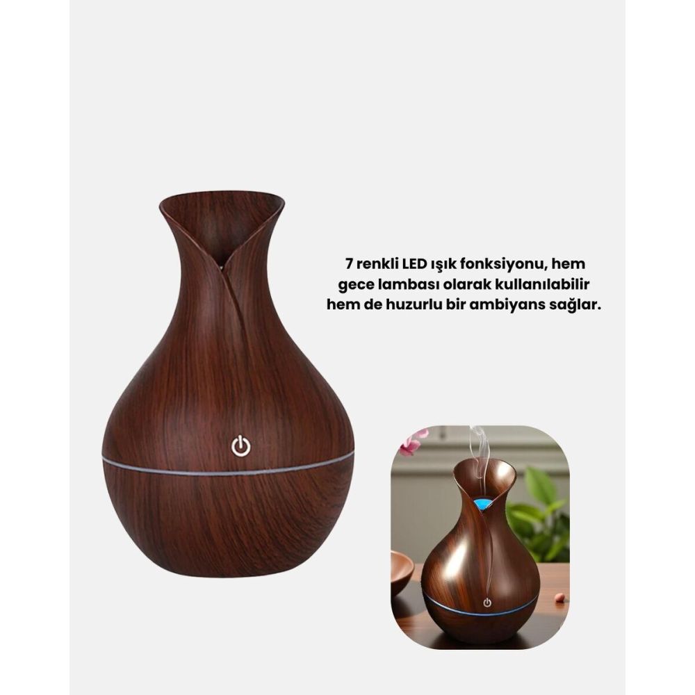 Ahşap Desenli Aromaterapi Difüzör 130 ml Ultrasonik ve 7 Renk LED Işık