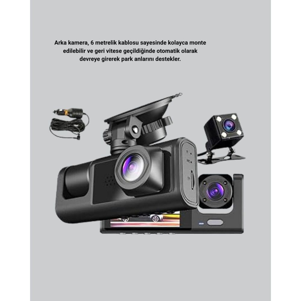 Üç Kameralı Araç İçi Kayıt Sistemi Full HD Gece Görüşlü ve G-Sensör De