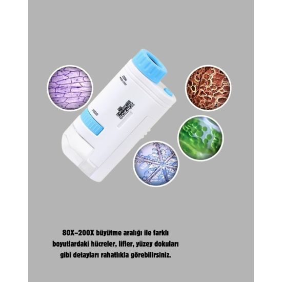 Taşınabilir Mini Mikroskop LED Işıklı 80X–200X Büyütmeli ve Odak Ayarl