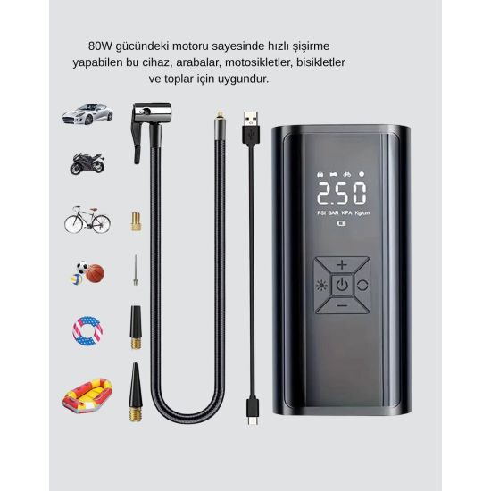 Taşınabilir 80W Kablosuz Lastik Şişirme Pompası Dijital Ekranlı