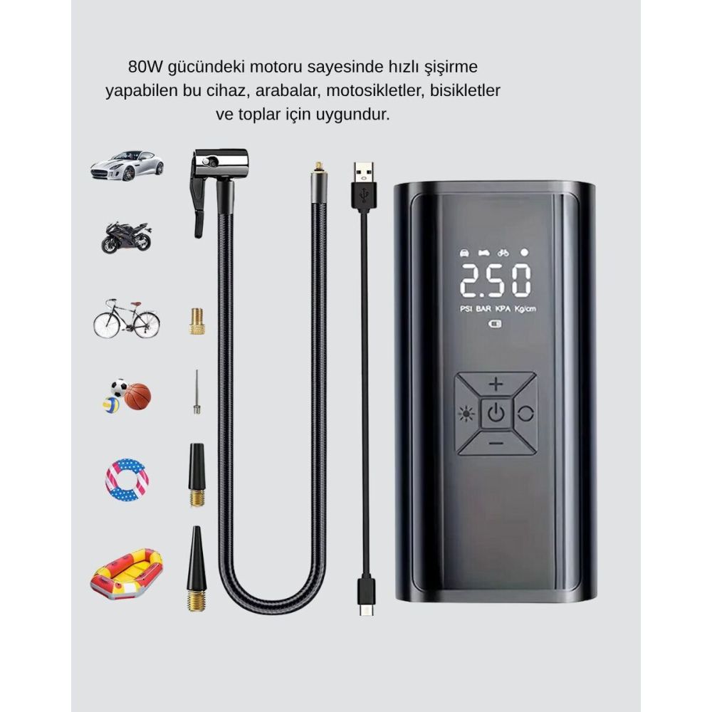 Taşınabilir 80W Kablosuz Lastik Şişirme Pompası Dijital Ekranlı