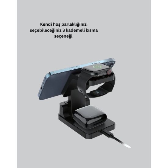 Dijital Saatli Kablosuz Şarj İstasyonu – 3’ü 1 Arada Apple Uyumlu Hızl