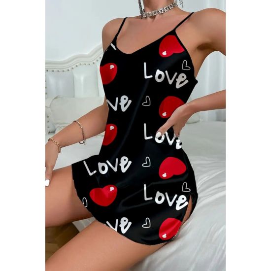 Love Desenli Siyah Saten Gecelik