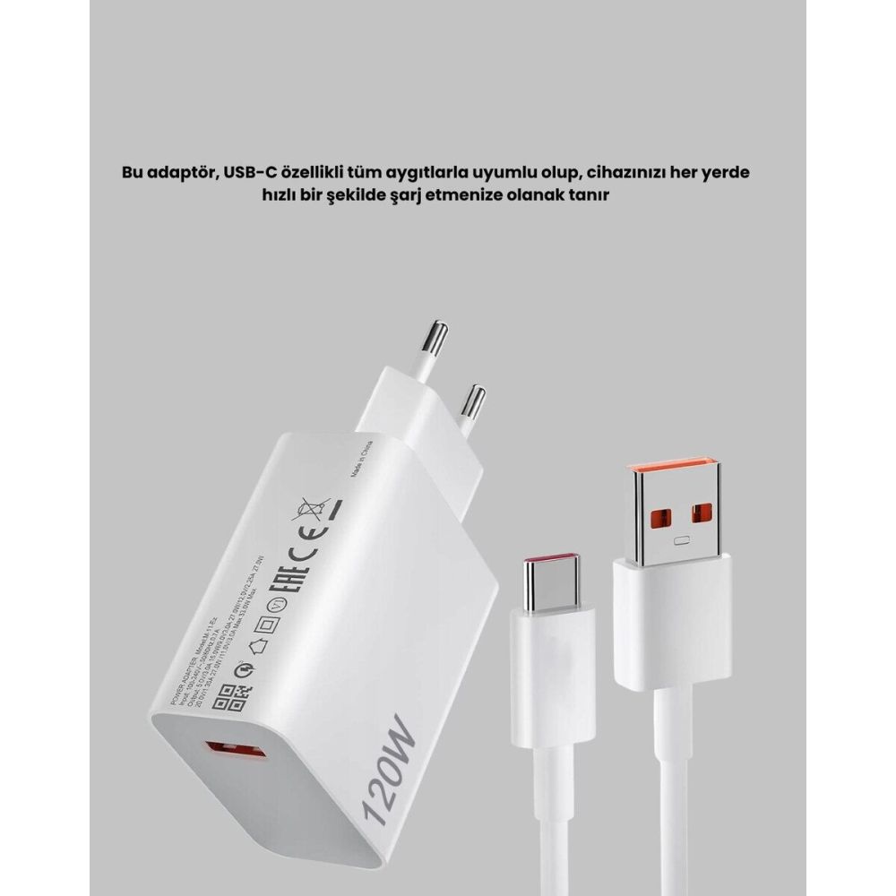 120W Hızlı Şarj Başlığı Ultra Güçlü Type-C Adaptör Kablo Dahil