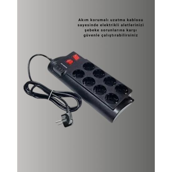 Güçlü Termal Korumalı 8 Priz + 3 USB Çoklu Uzatma Kablosu 2m