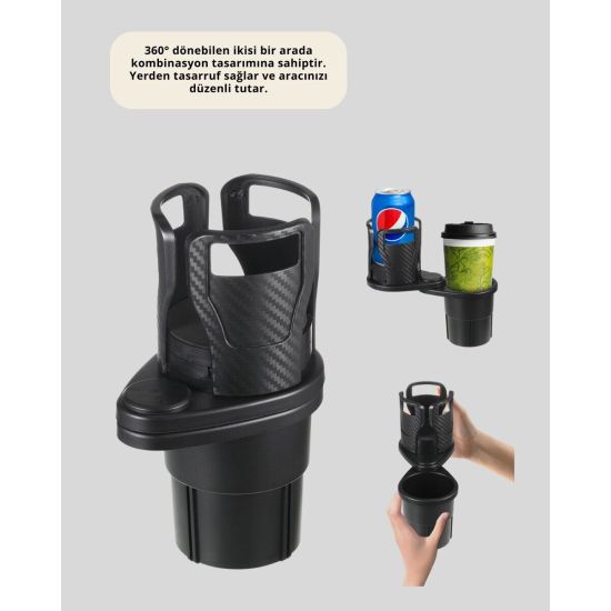 Oto Bardak Tutucu 360° Döner Çift Bölmeli Karbon Fiber Tasarım