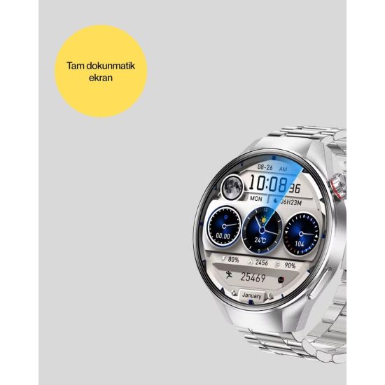 Akıllı Saat Metal Kordonlu Tam Ekran AMOLED – Arama ve Sağlık Takip Öz
