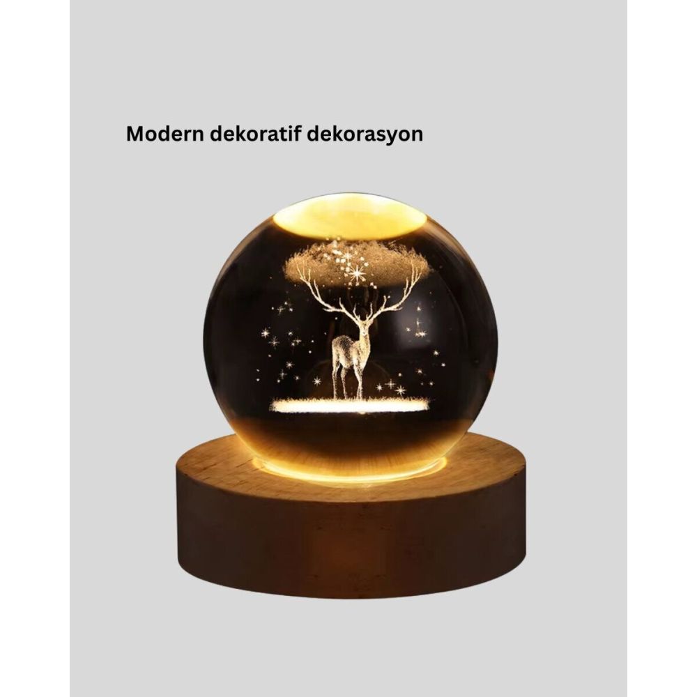 LED Işıklı Geyikli Kristal Küre Ahşap Standlı Modern Dekor Lamba