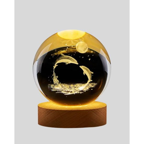 Yunus Temalı Kristal Küre USB Işıklı Ahşap Altlıklı Gece Lambası