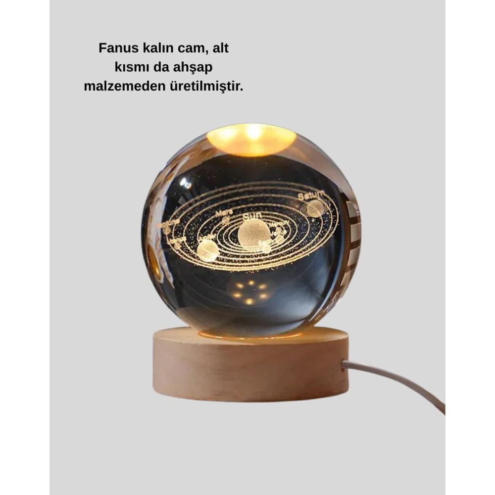 LED Işıklı Kristal Küre Ahşap Standlı Dekoratif Gezegen Model