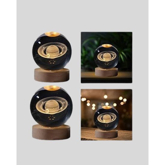 Satürn Desenli Kristal Küre LED Gece Lambası Ahşap Standlı