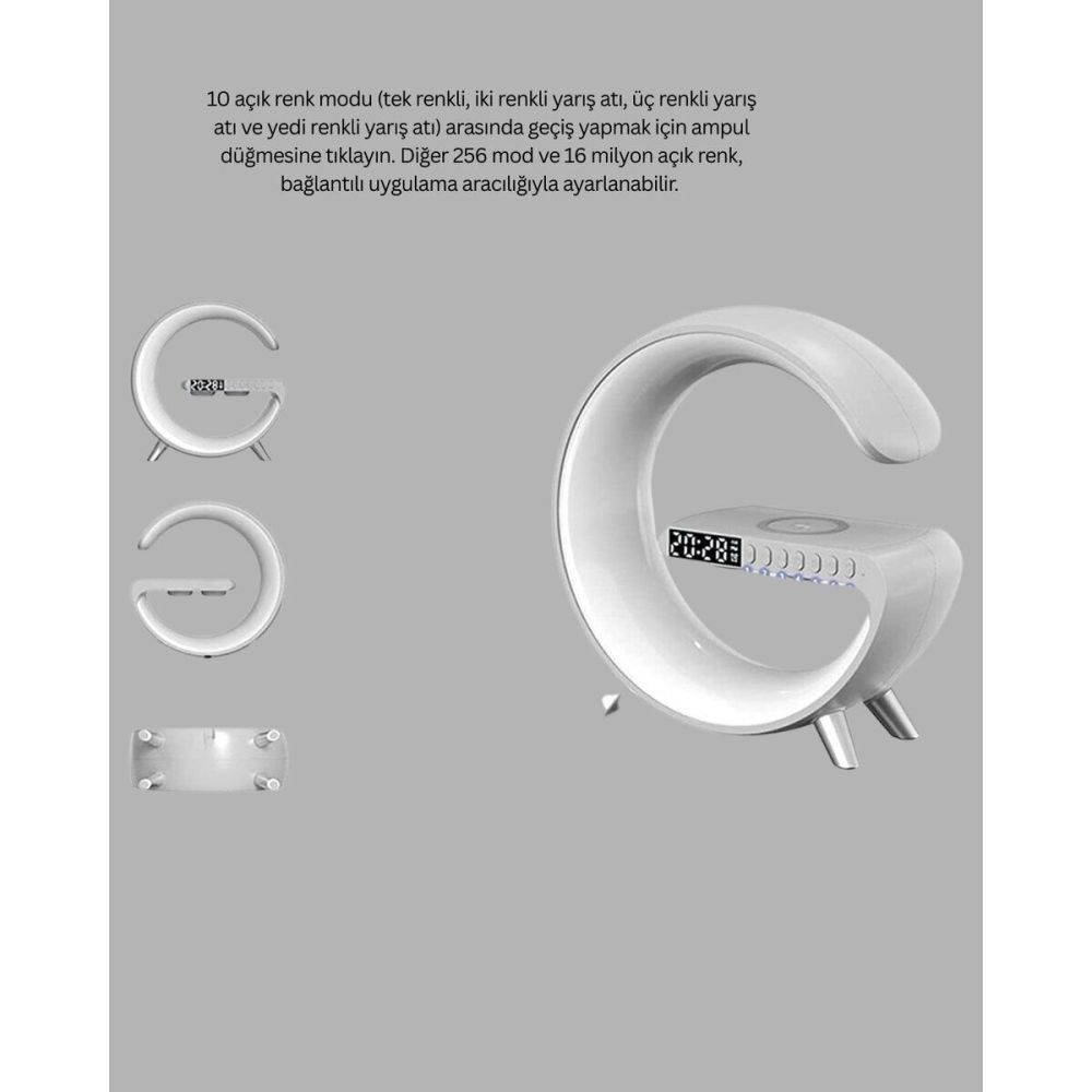 Bluetooth Hoparlörlü RGB Atmosfer Lambası Kablosuz Şarj ve Saat Özelli